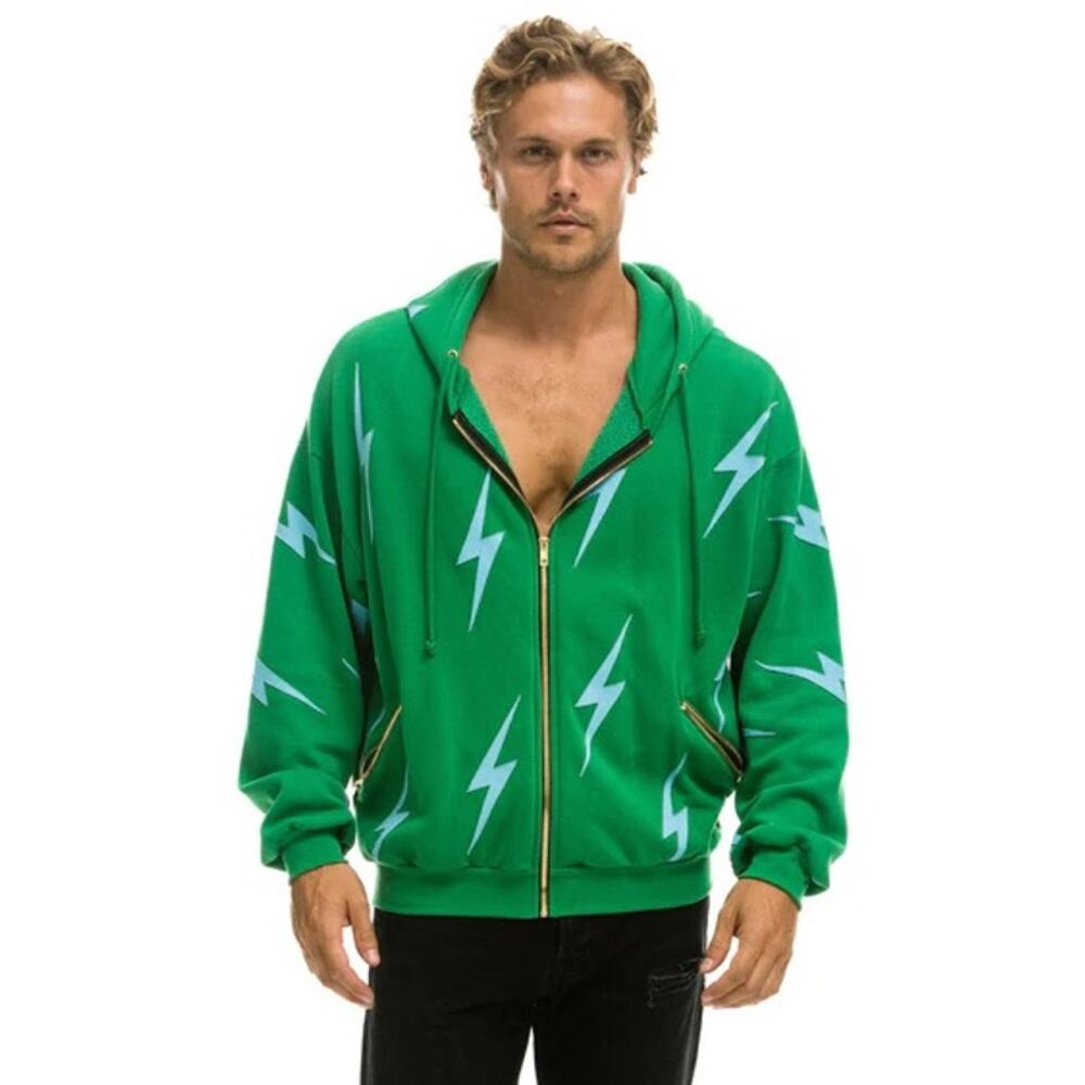 Aviator Nation Sold Out Kelly Green Bolt Stitch Repeat Full Zip Hoodie XL